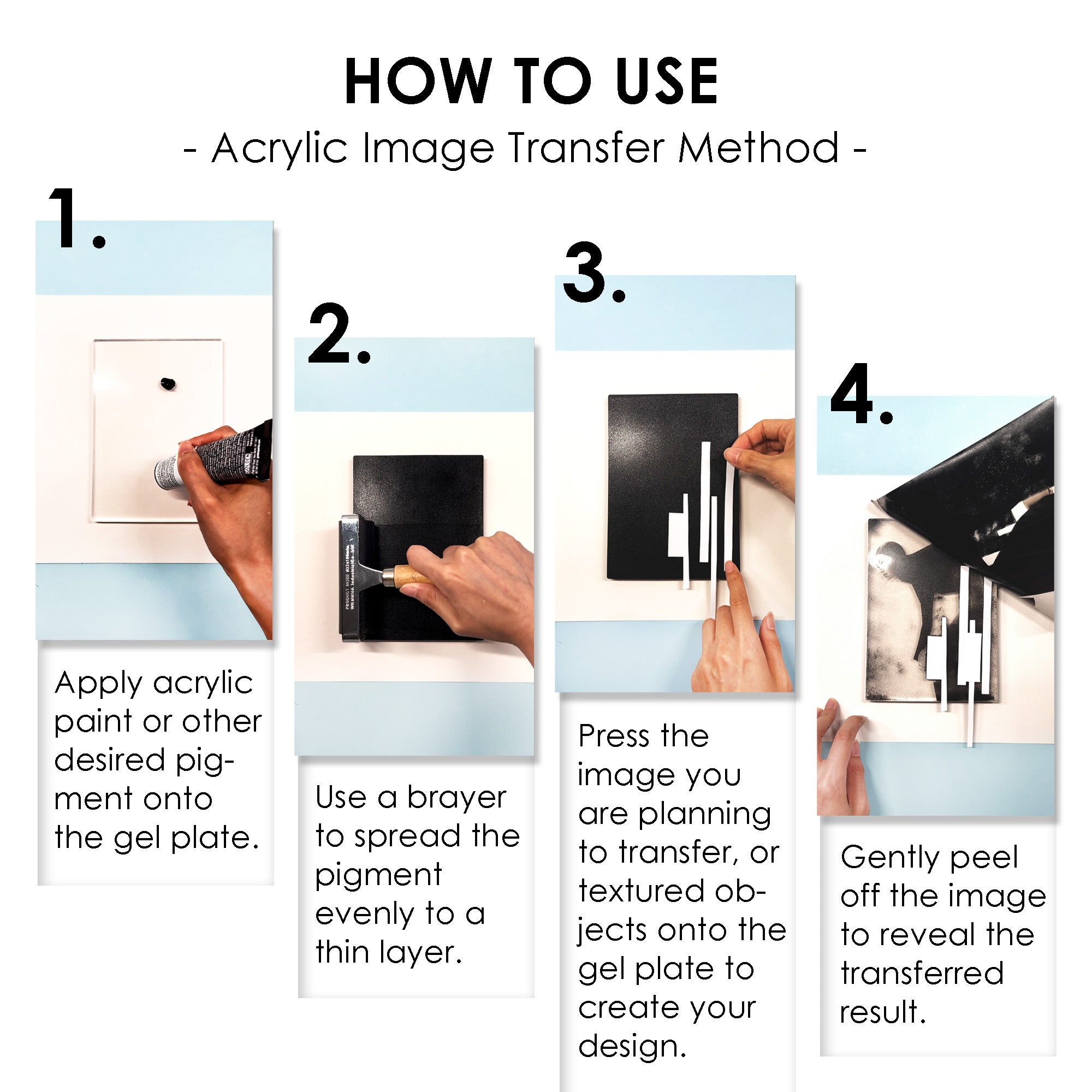 An image of Gelelf gel plate printing instruction step 1 - 4.
