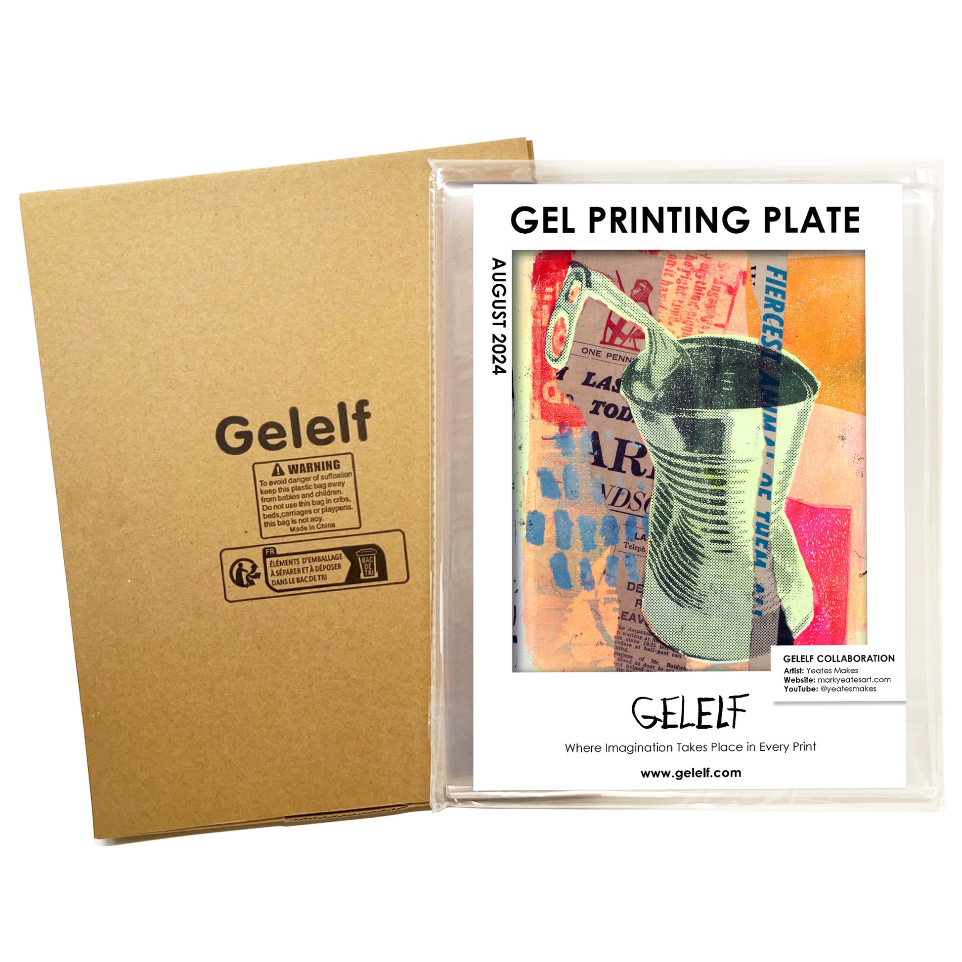 Gel Plate inside it's packaging with gel plate artwork featured on cover. Shows the card board box packaging behind the gelli plate.